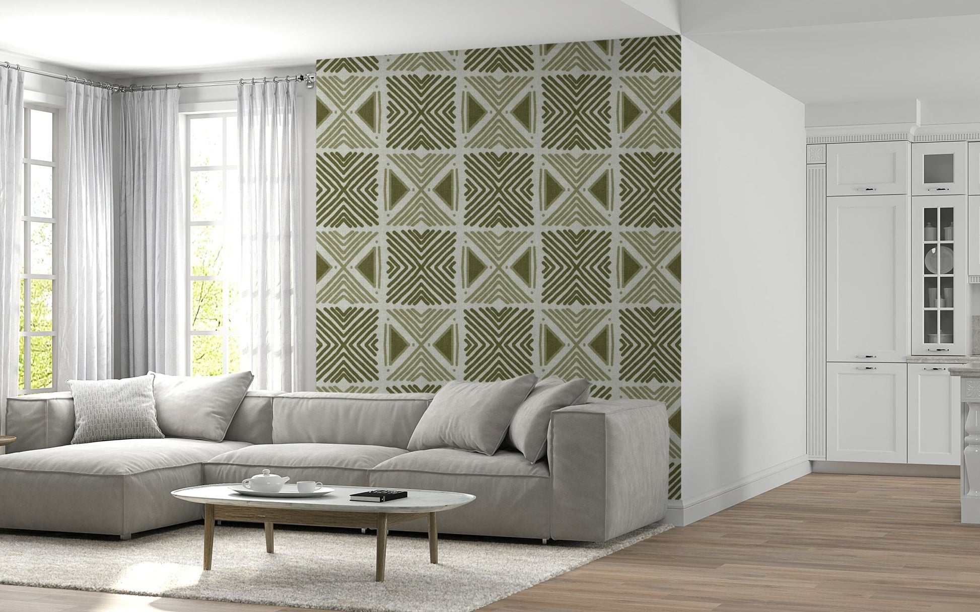 Olive green geometric Tribal Herbs Motif Wallpaper decor