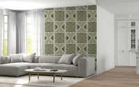 Olive green geometric Tribal Herbs Motif Wallpaper decor
