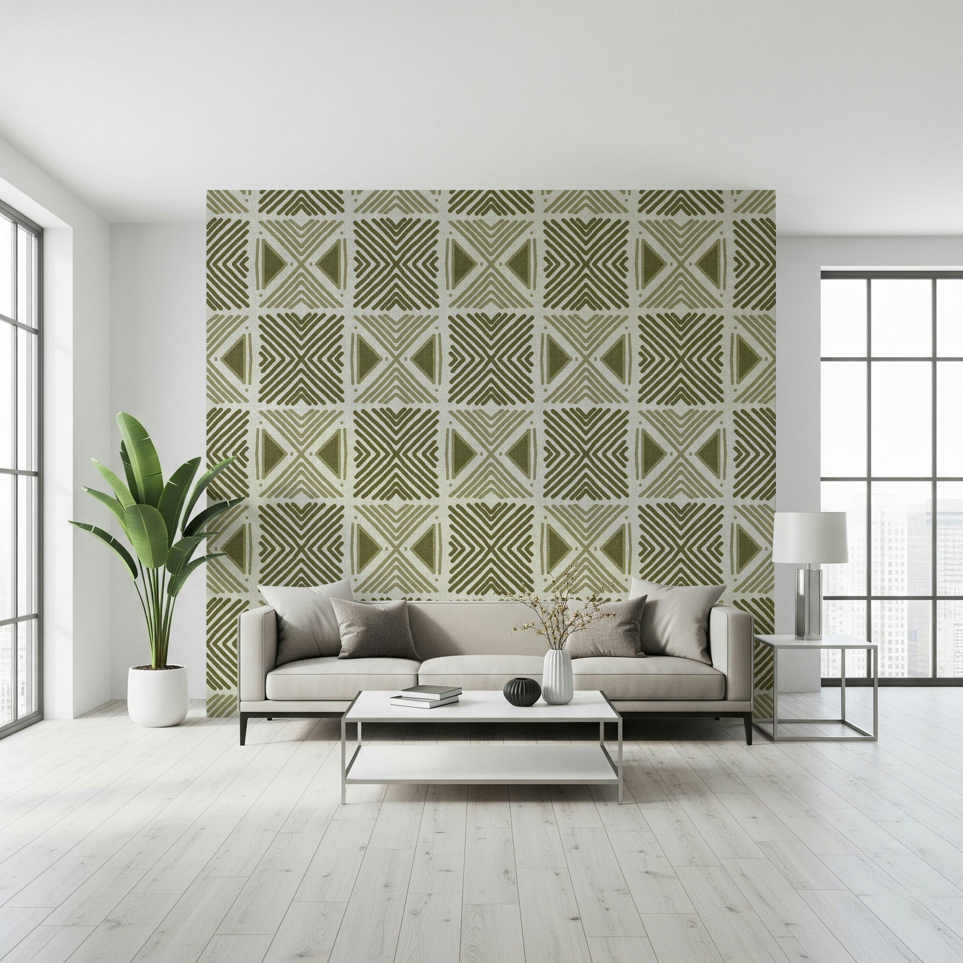 Textured light neutral Tribal Herbs Motif Wallpaper pattern
