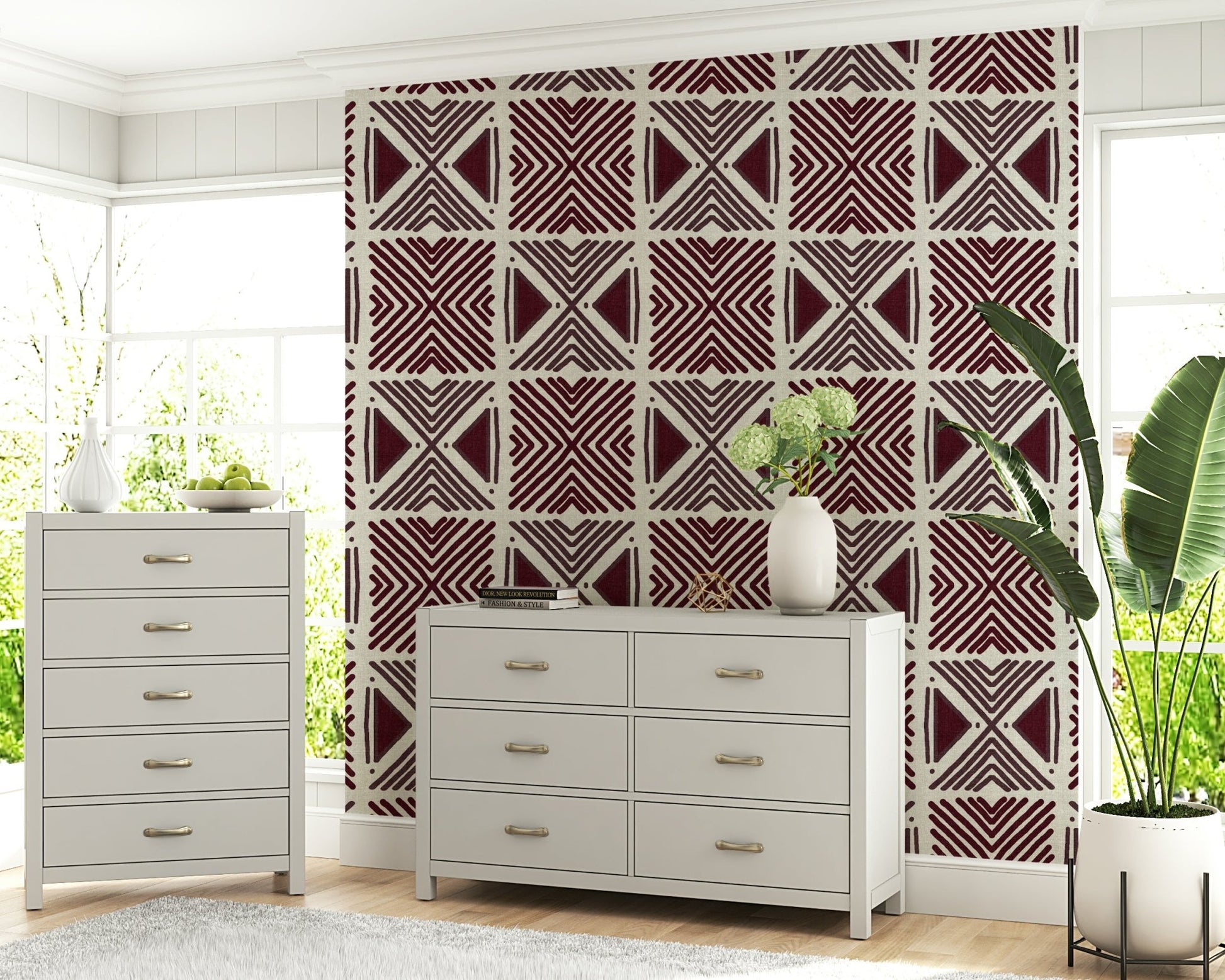 Burgundy and tan Tribal Wine Motif Wallpaper decor