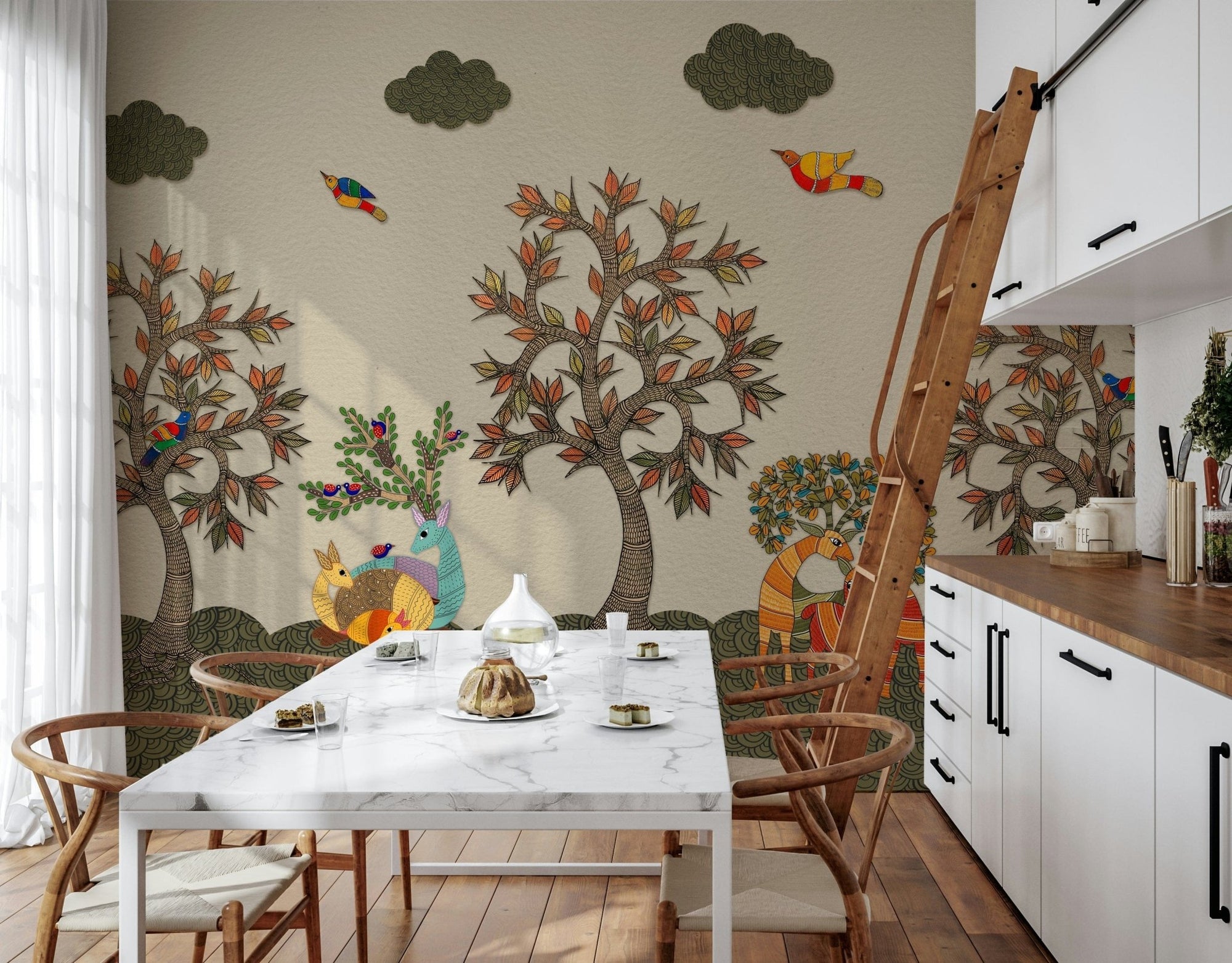 Nature wallpaper featuring hand-drawn trees, birds, and forest animals, GD7568