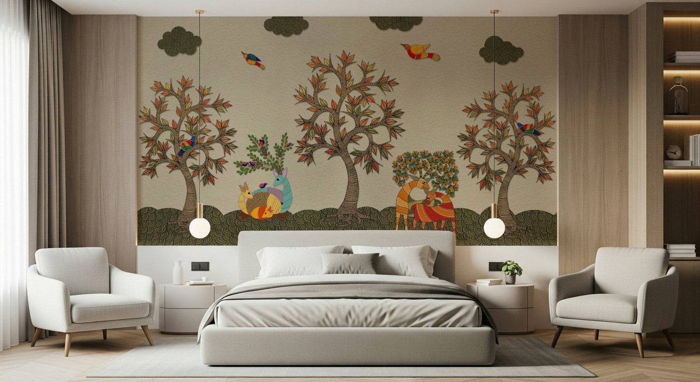 Nature wallpaper inspired by folk and tribal woodland art