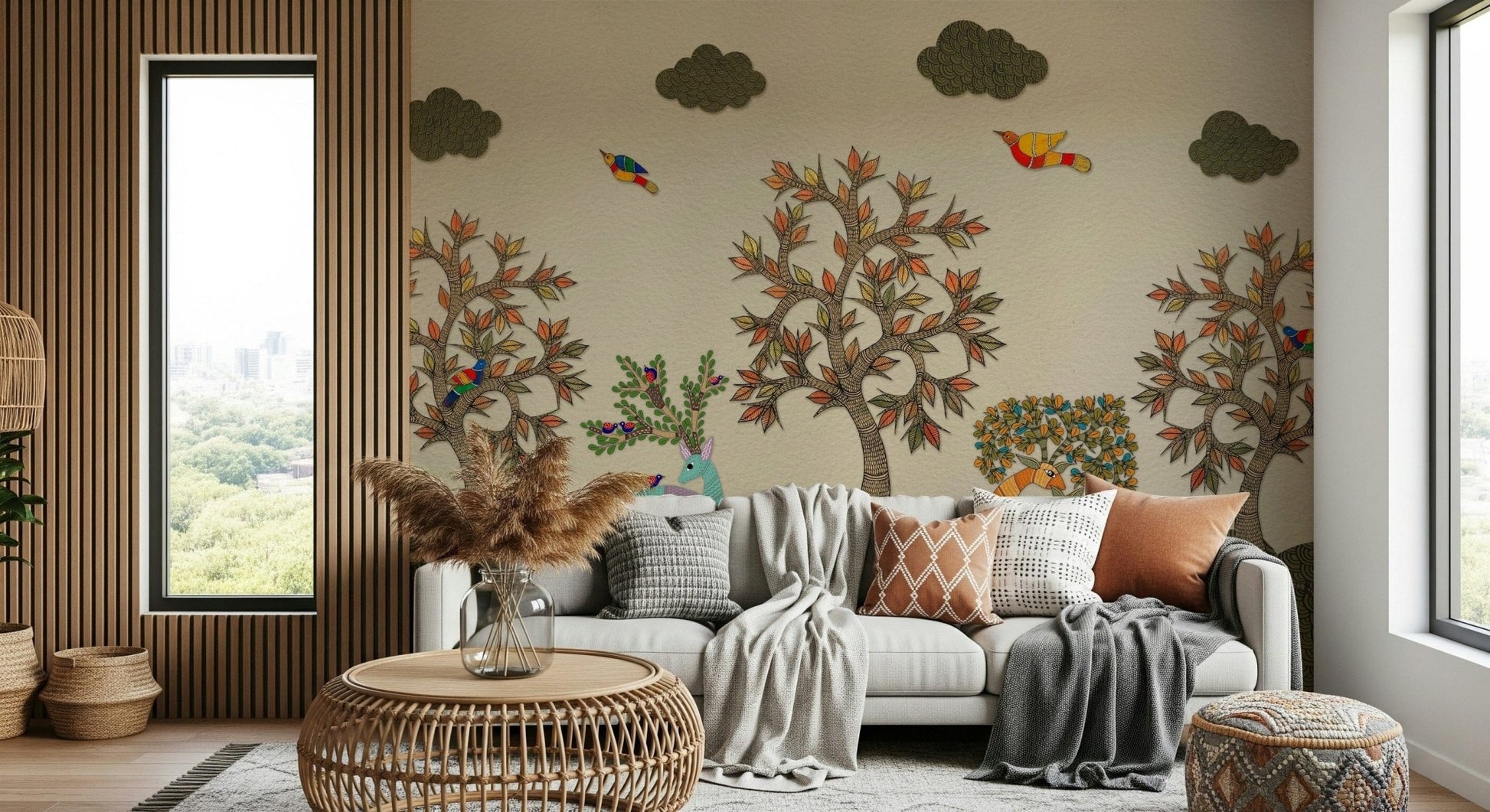 Nature wallpaper with autumn trees and patterned forest animals