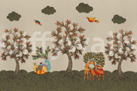 Animal wallpaper with stylized forest life and hand-illustrated details