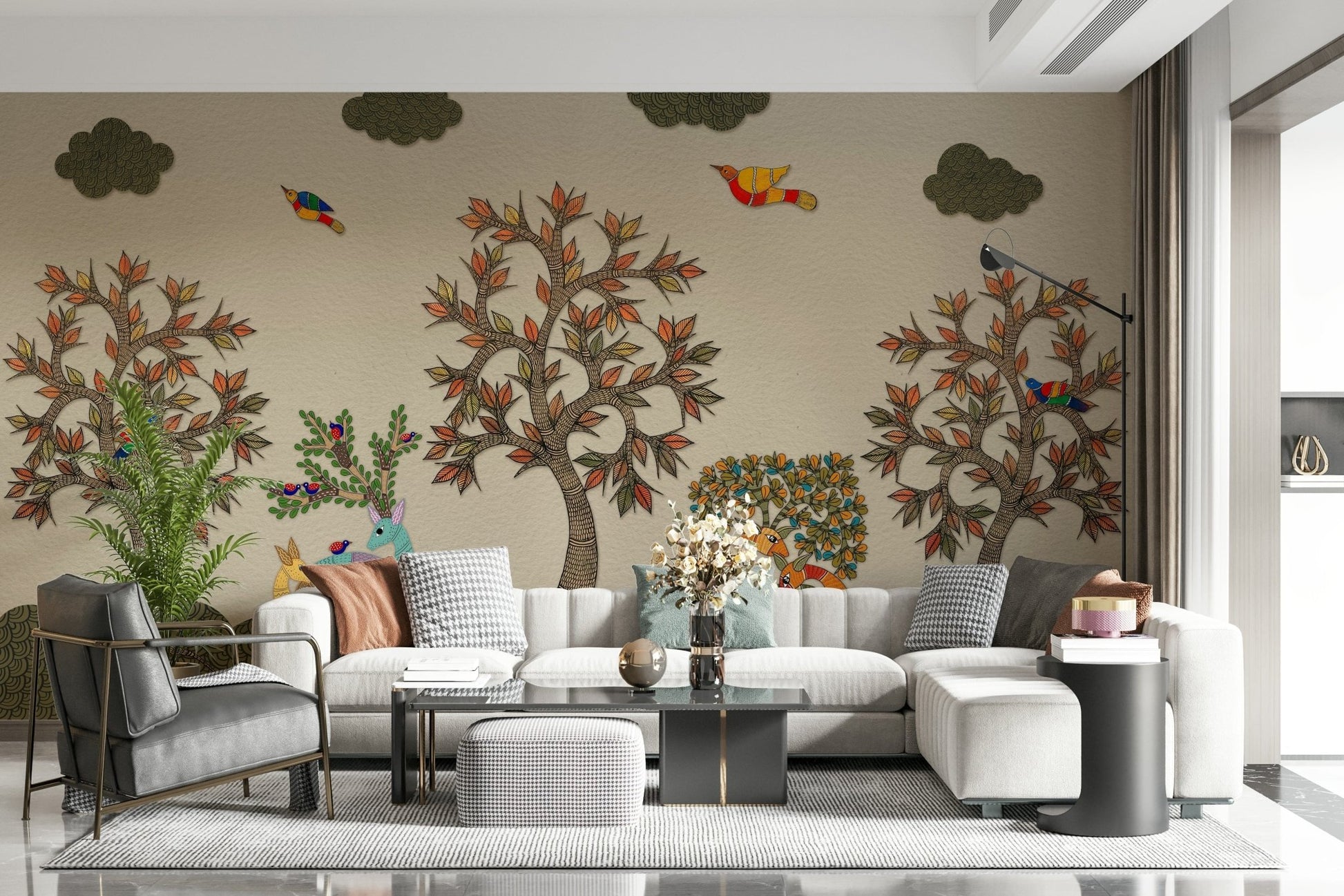 Woodland wallpaper with folk art style trees and decorative clouds