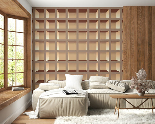 Trompe l'Oeil Neutrals Bookcase Wall Mural in a cozy reading nook wallpaper.