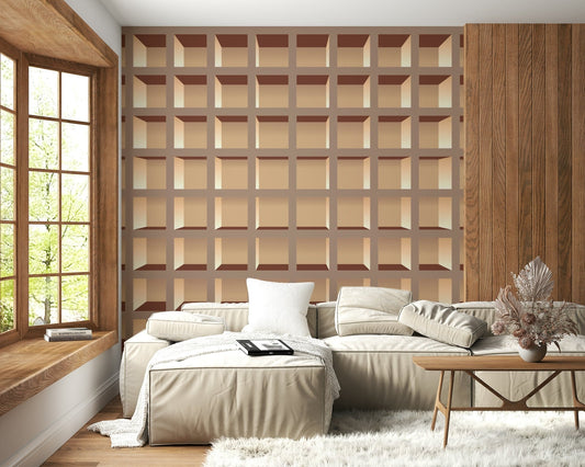 Trompe l'Oeil Neutrals Bookcase Wall Mural in a cozy reading nook wallpaper.