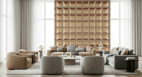 Trompe l'Oeil Neutrals Bookcase Wall Mural in a sophisticated home office wallpaper.