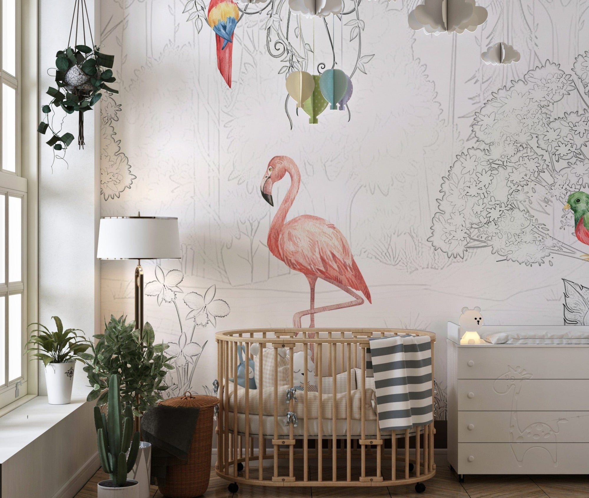 Elegant sketch-style tropical aviary wallpaper mural, B857