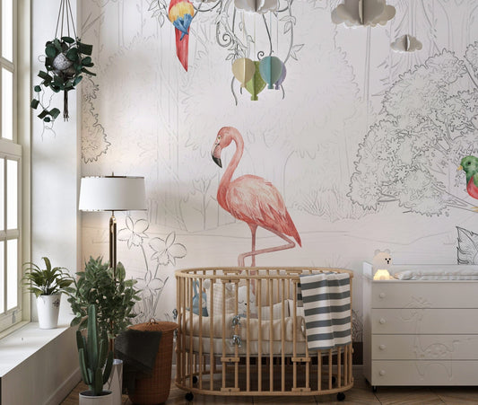 Elegant sketch-style tropical aviary wallpaper mural, B857