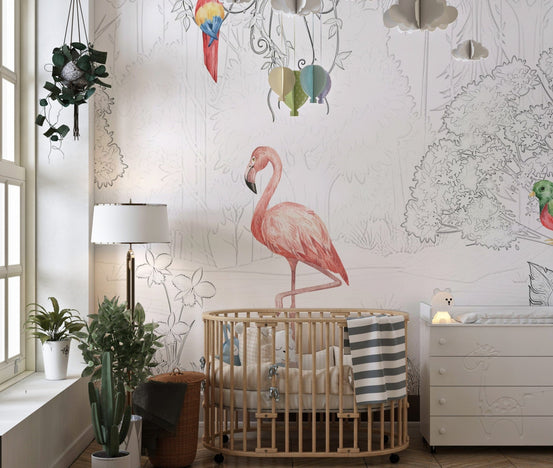 Elegant sketch-style tropical aviary wallpaper mural, B857