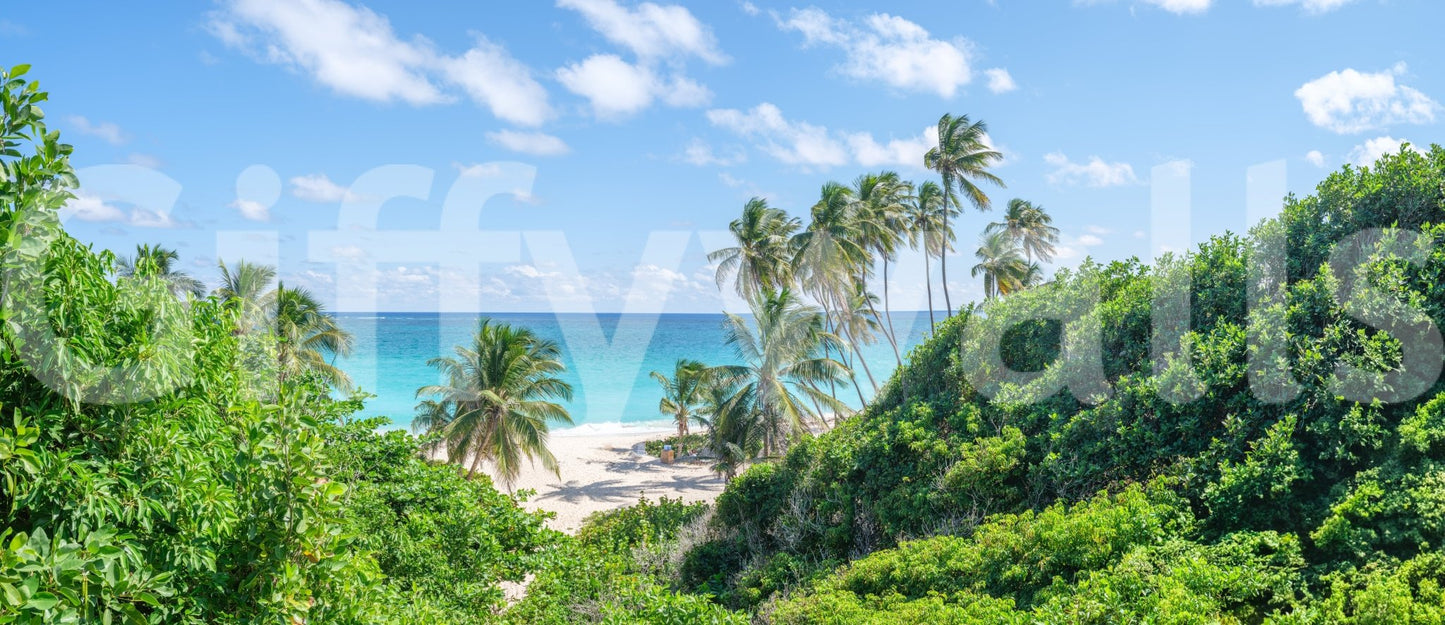 Vacation-style wall mural with beach setting

