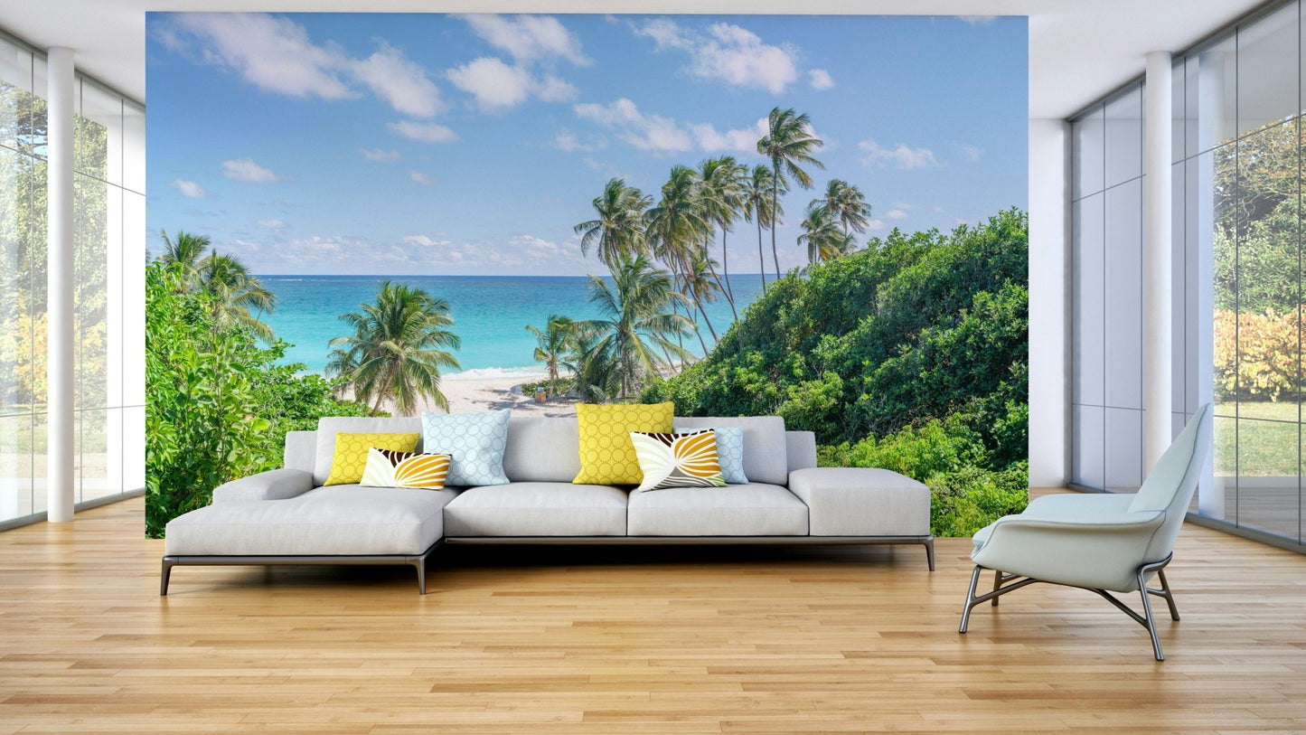 Coastal palm mural for tropical interiors