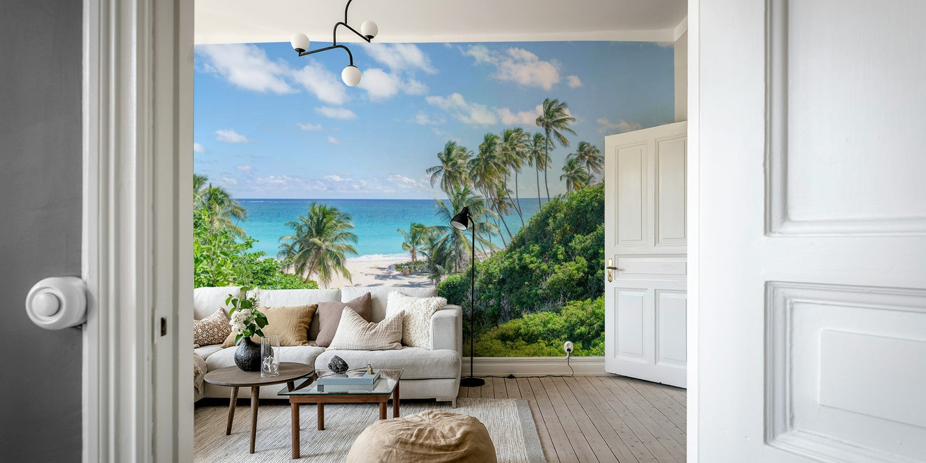 Tropical beach wall mural with palm trees

