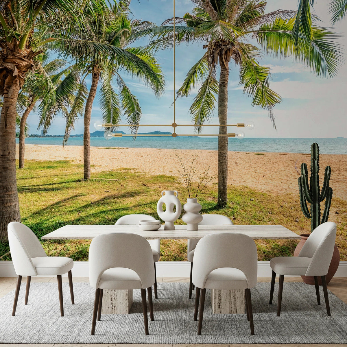 Dining room wall with Tropical Beach Calm Wall Mural and tropical palms, GD8070