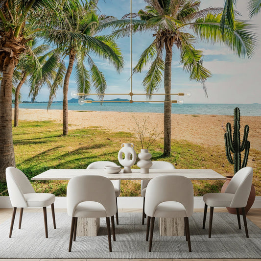 Dining room wall with Tropical Beach Calm Wall Mural and tropical palms