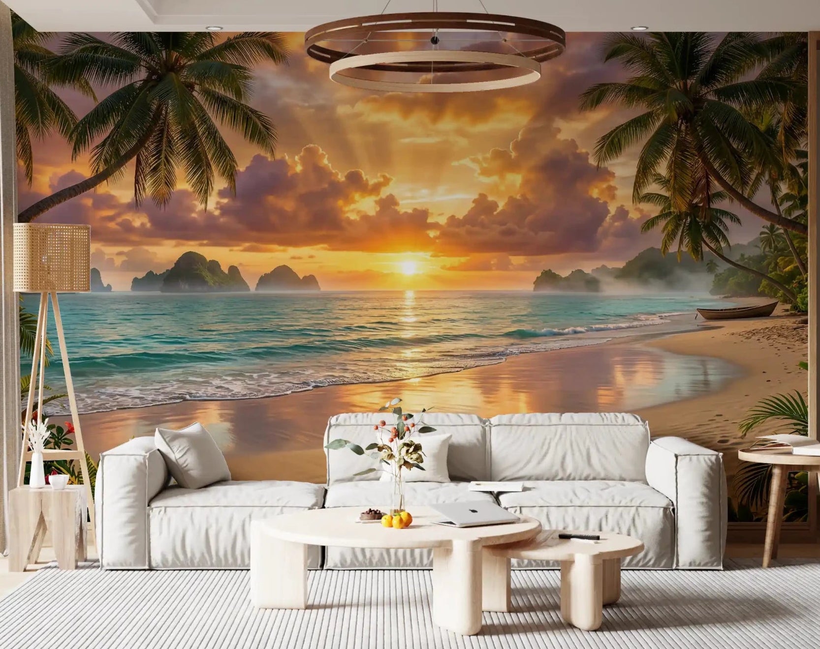 Tropical Beach Dawn Wall Mural bringing sunset warmth to a bright living room, GD8925