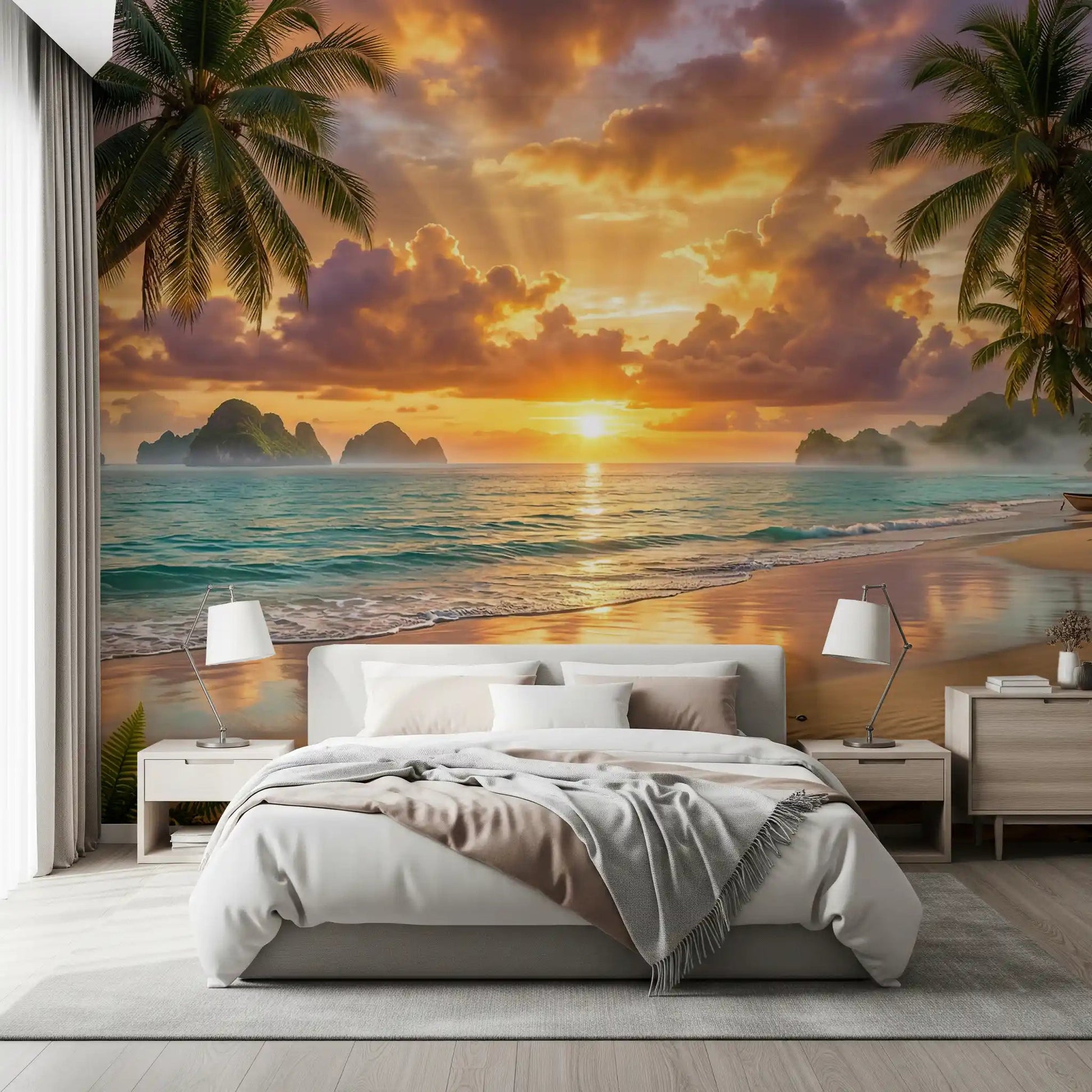Soft neutral bedroom featuring Tropical Beach Dawn Wall Mural above the headboard, GD8925