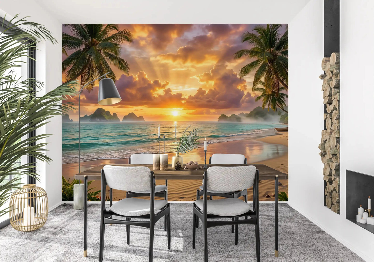 Sunlit dining area framed by Tropical Beach Dawn Wall Mural and grid windows, GD8925