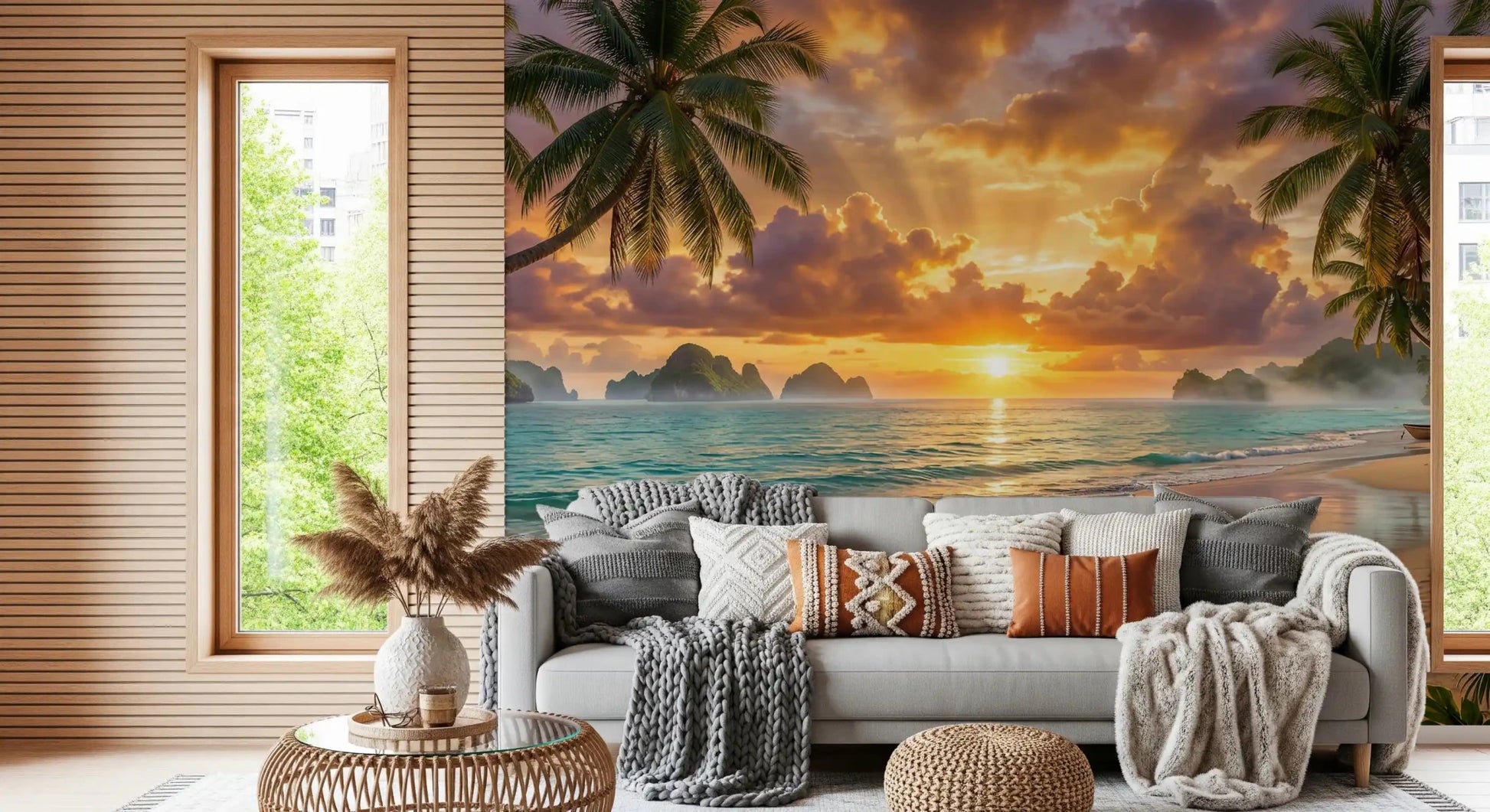 Green-toned lounge finished with Tropical Beach Dawn Wall Mural near wide windows, GD8925
