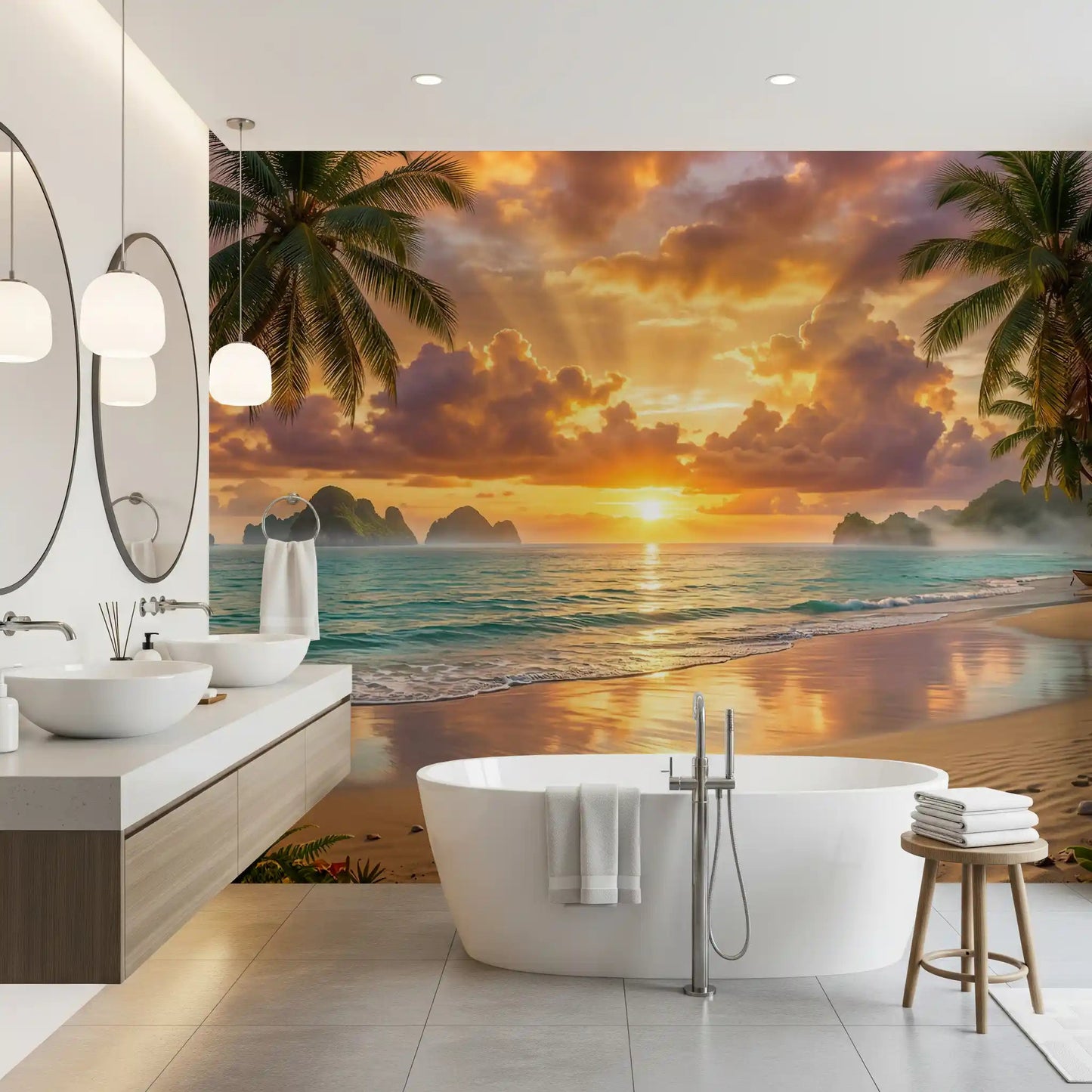 Freestanding tub styled with Tropical Beach Dawn Wall Mural in a serene bathroom, GD8925