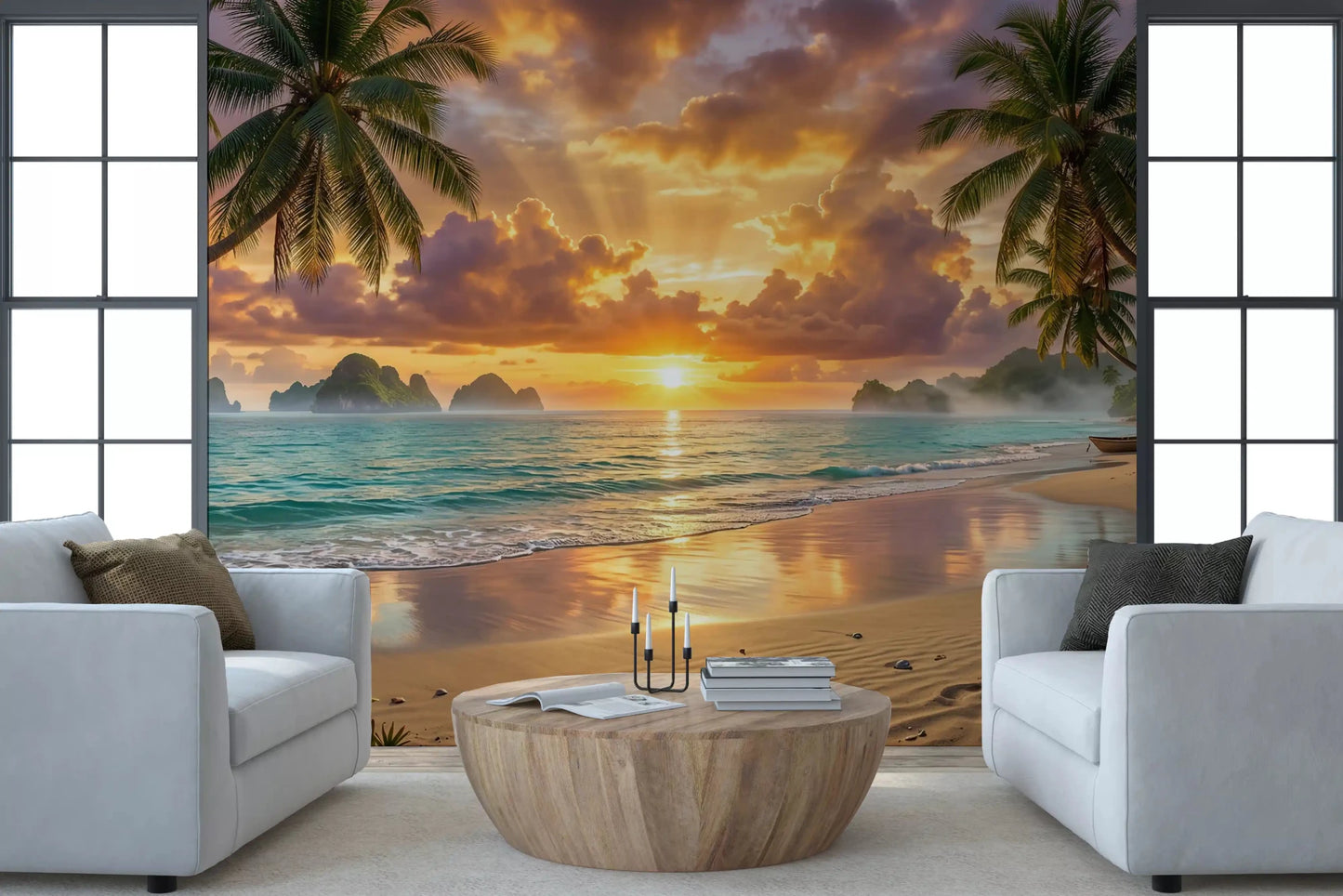 Living room with Tropical Beach Dawn Wall Mural and a round soaking tub, GD8925