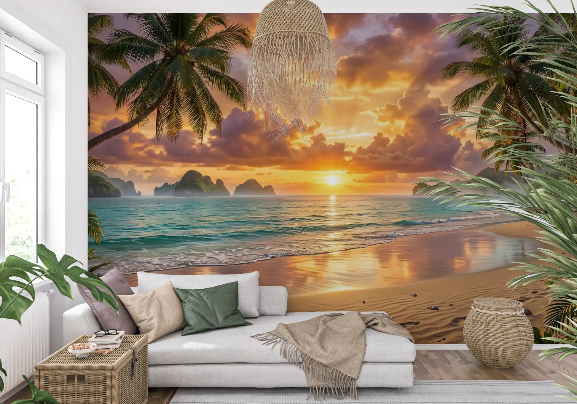 Cream sofa lounge paired with Tropical Beach Dawn Wall Mural and woven textures, GD8925
