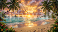 Tropical Beach Dawn Wall Mural with glowing shoreline, palms, and sunrise surf view, GD8925