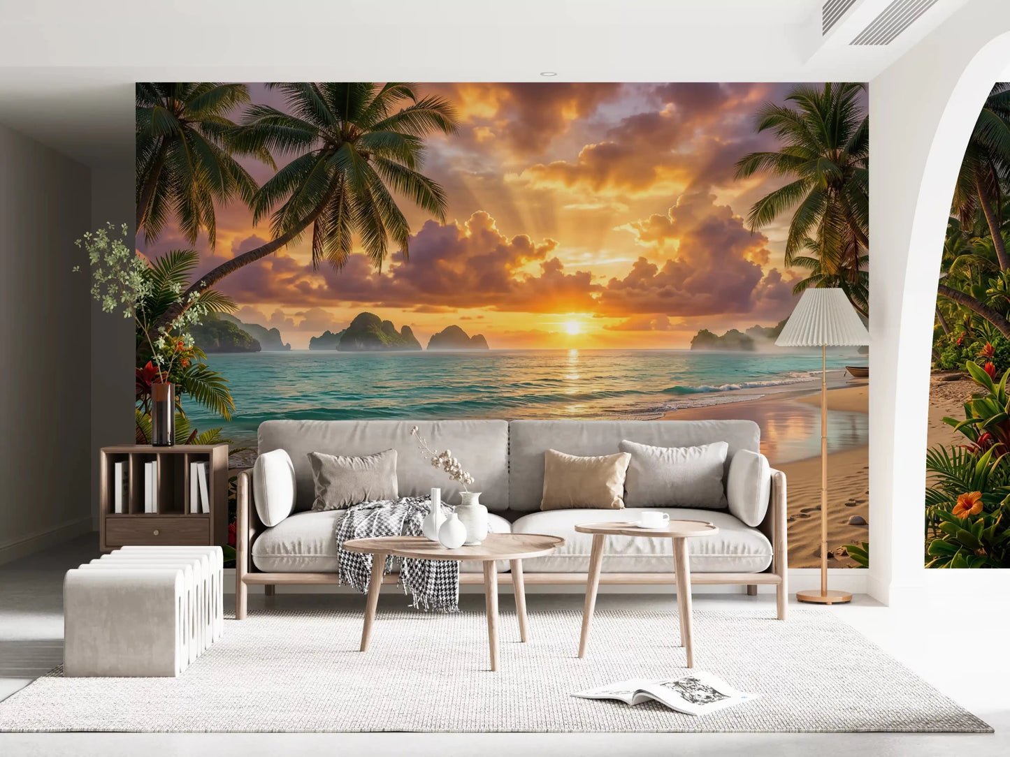 Airy Living nook brightened by Tropical Beach Dawn Wall Mural and coastal light, GD8925