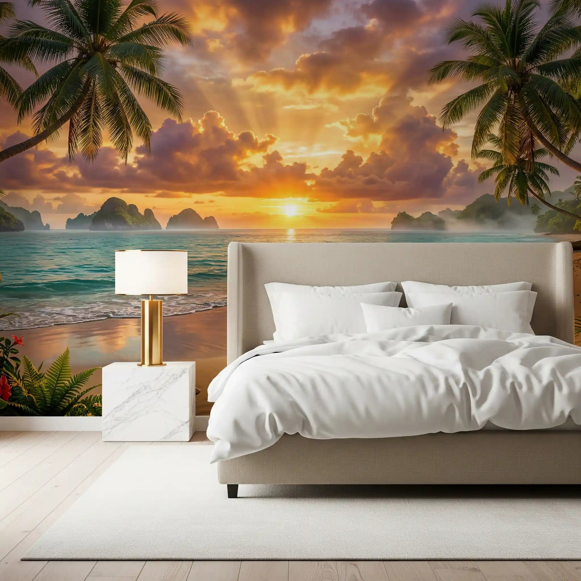Tropical Beach Dawn Wall Mural set behind a white bed in a restful bedroom, GD8925