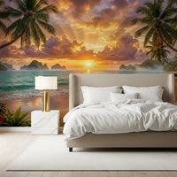 Tropical Beach Dawn Wall Mural set behind a white bed in a restful bedroom, GD8925