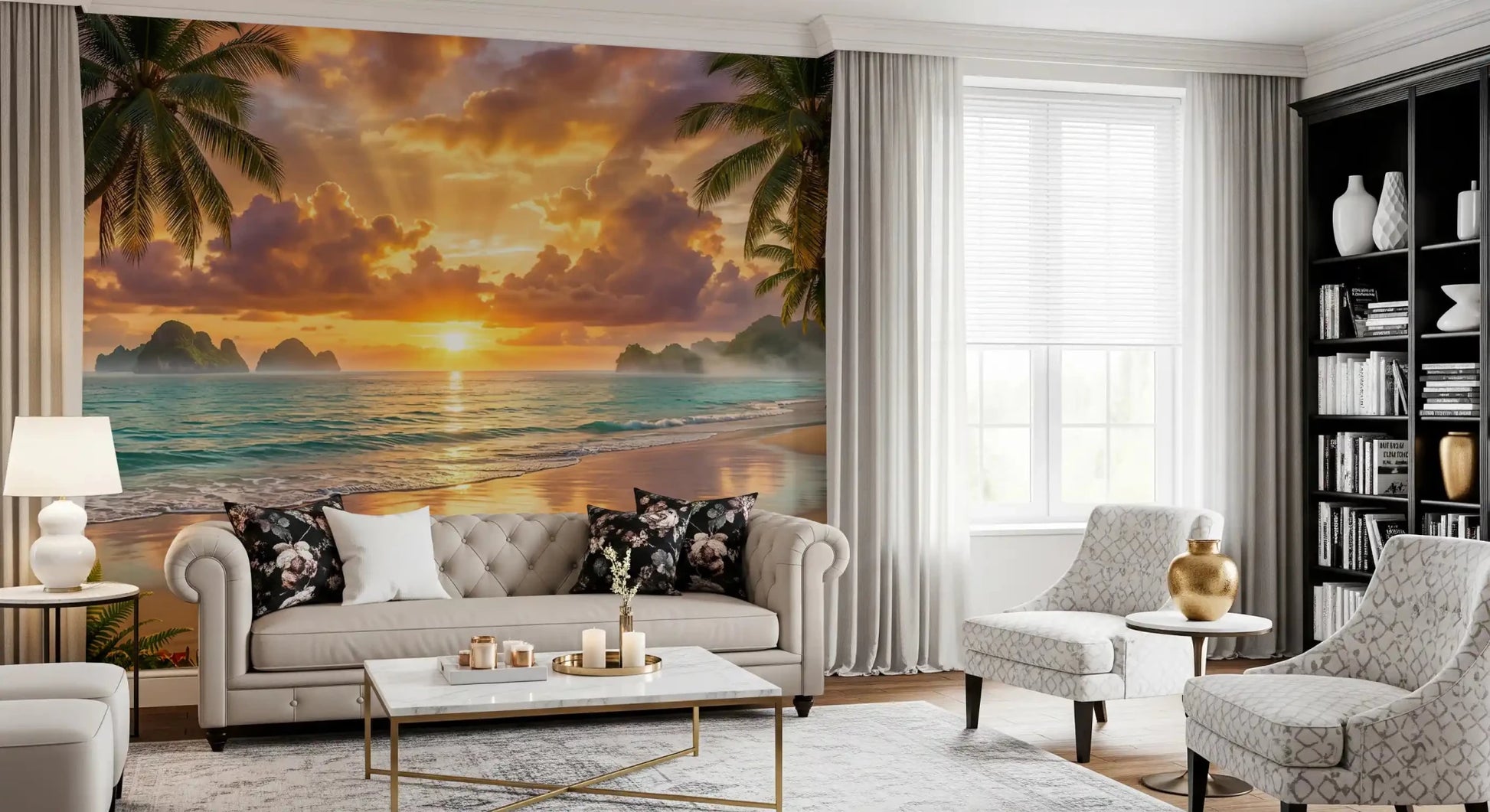 Living room  beneath Tropical Beach Dawn Wall Mural in a relaxed sitting area, GD8925