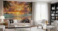 Living room  beneath Tropical Beach Dawn Wall Mural in a relaxed sitting area, GD8925