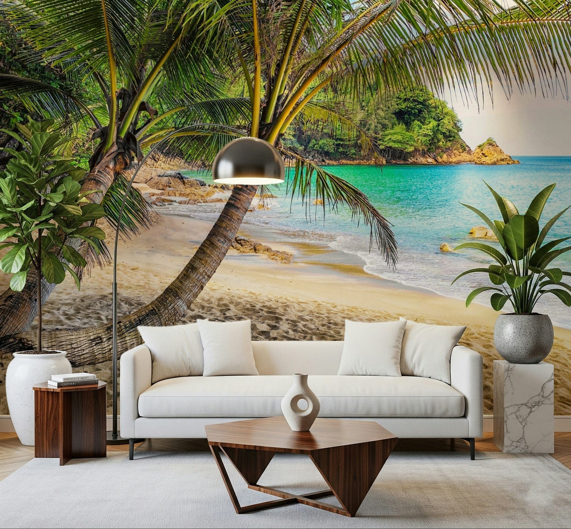 Tropical Beach Escape Wall Mural sets a sunny island mood in this modern lounge