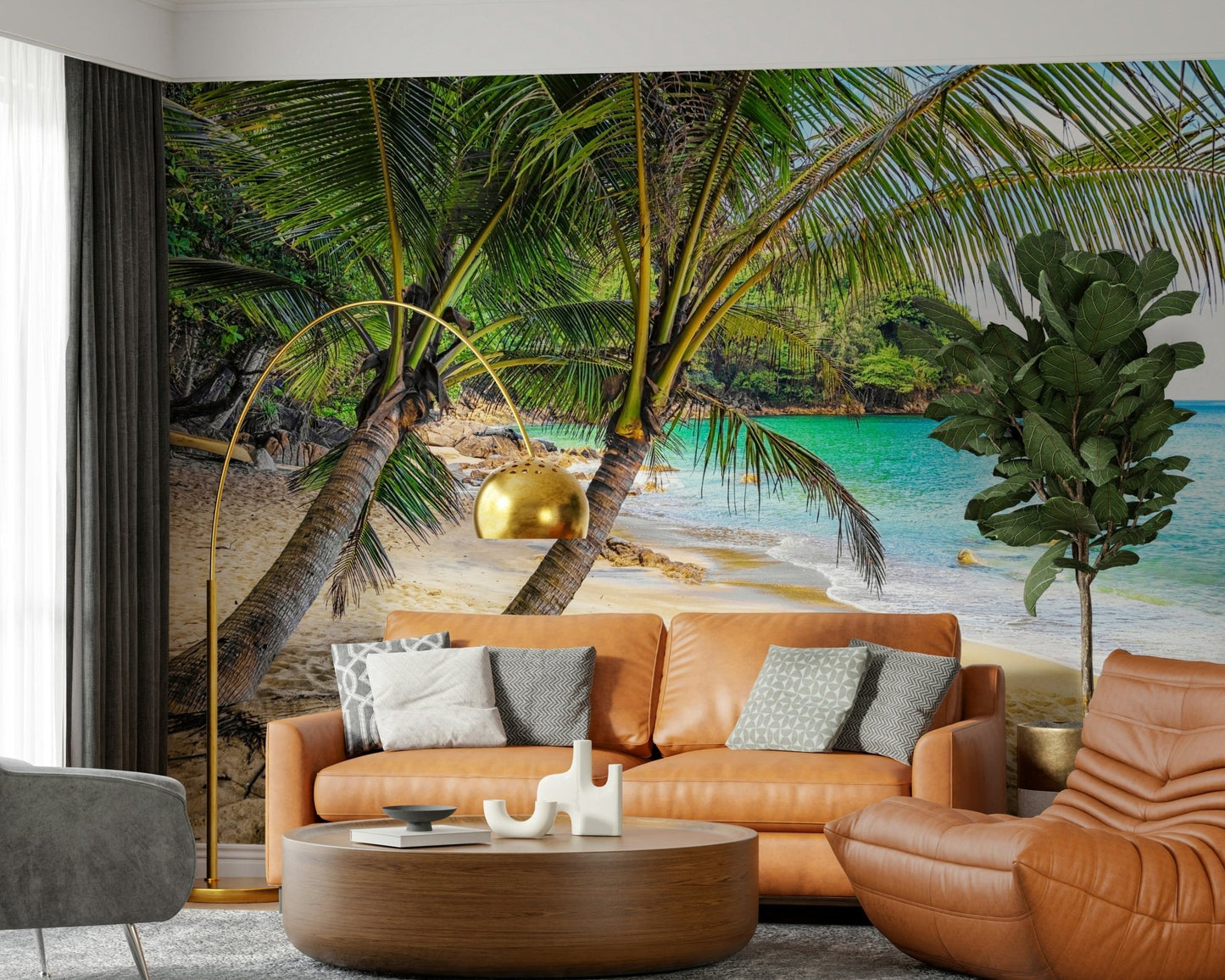 This cozy corner gains tropical depth from Tropical Beach Escape Wall Mural and palm detail