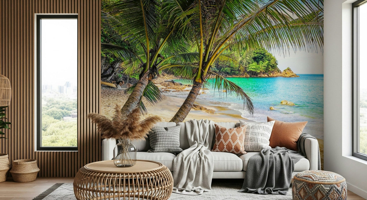 Tropical Beach Escape Wall Mural gives the sitting area an easy beachside atmosphere