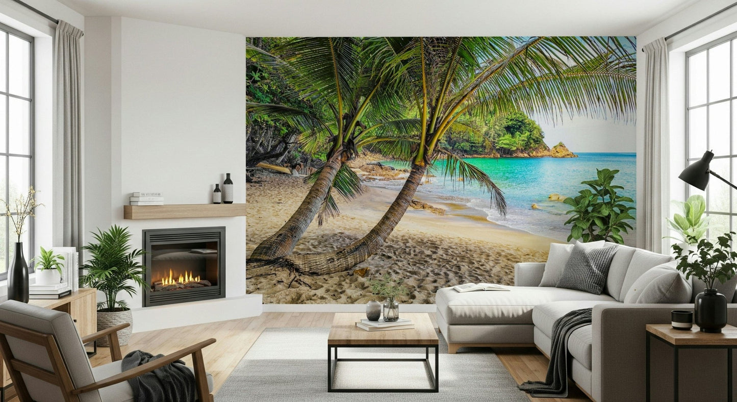 Tropical Beach Escape Wall Mural turns this low-seating space into a relaxed coastal retreat