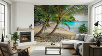 Tropical Beach Escape Wall Mural turns this low-seating space into a relaxed coastal retreat