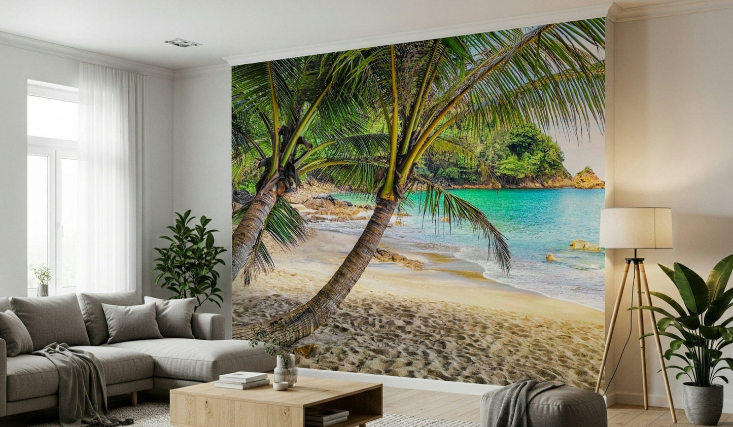 A bright living room opened up by Tropical Beach Escape Wall Mural and curving shorelines