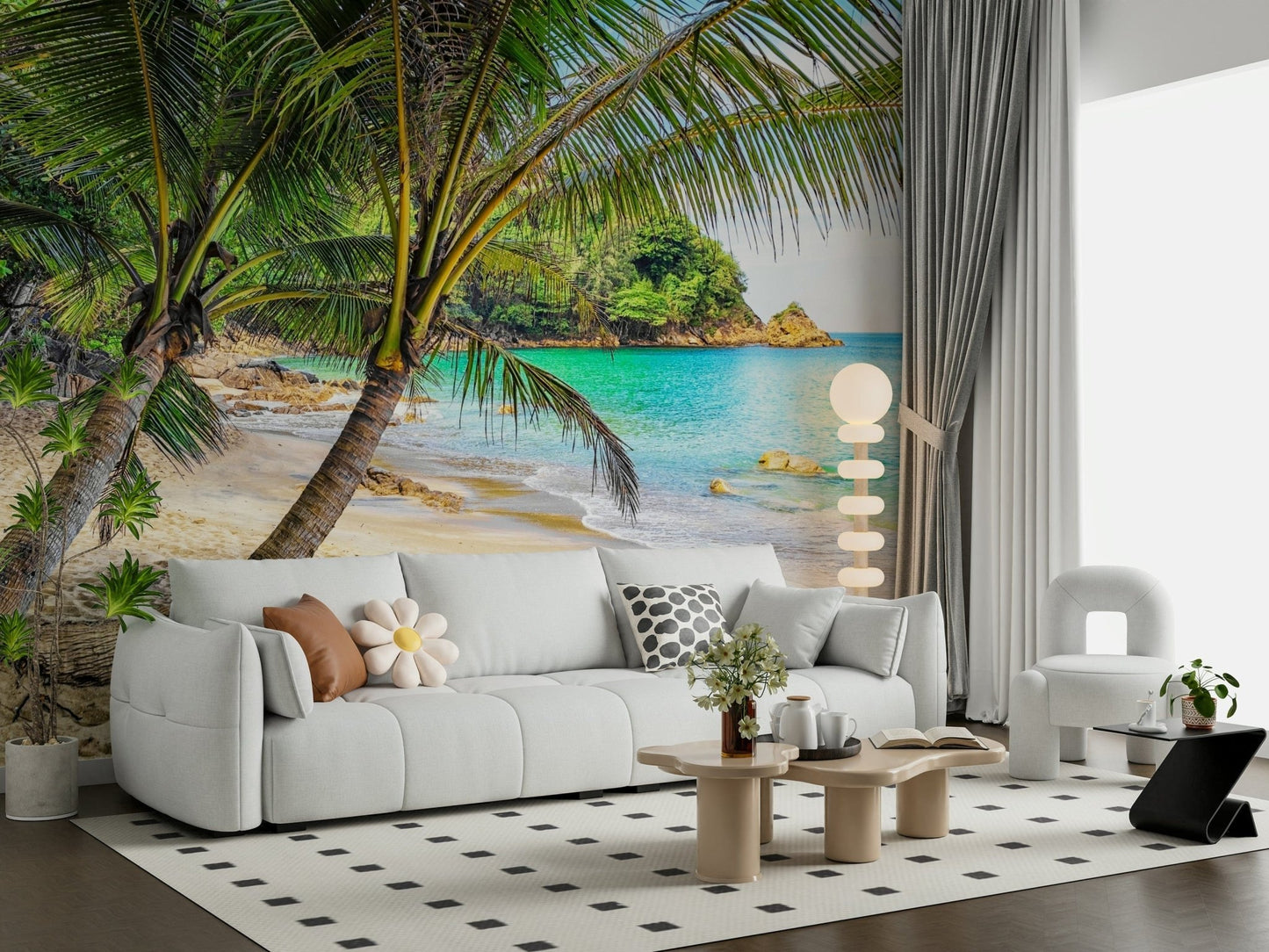 In this lounge corner, Tropical Beach Escape Wall Mural adds sand, shade, and blue water