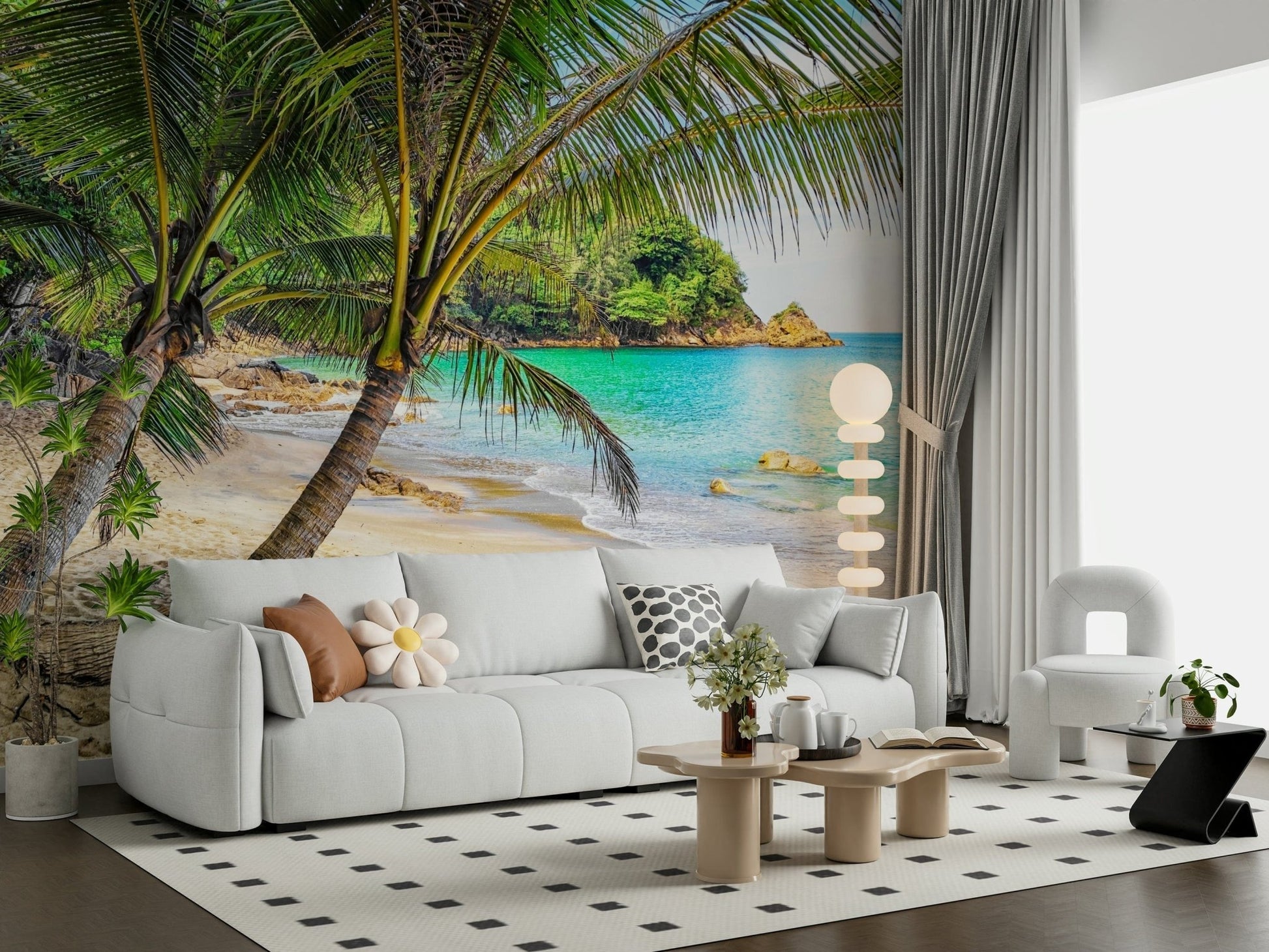 In this lounge corner, Tropical Beach Escape Wall Mural adds sand, shade, and blue water
