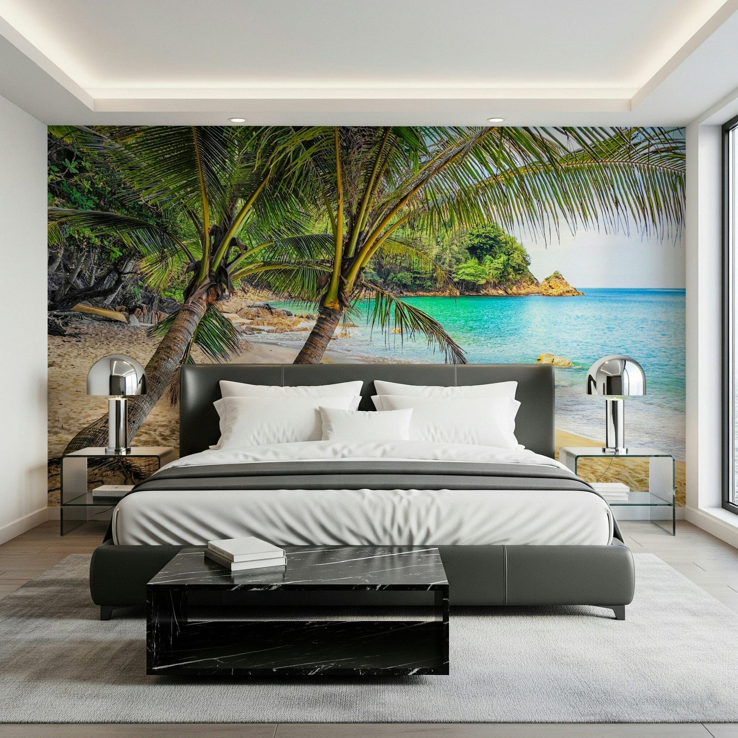 A calm bedroom scene made brighter by Tropical Beach Escape Wall Mural and sea views
