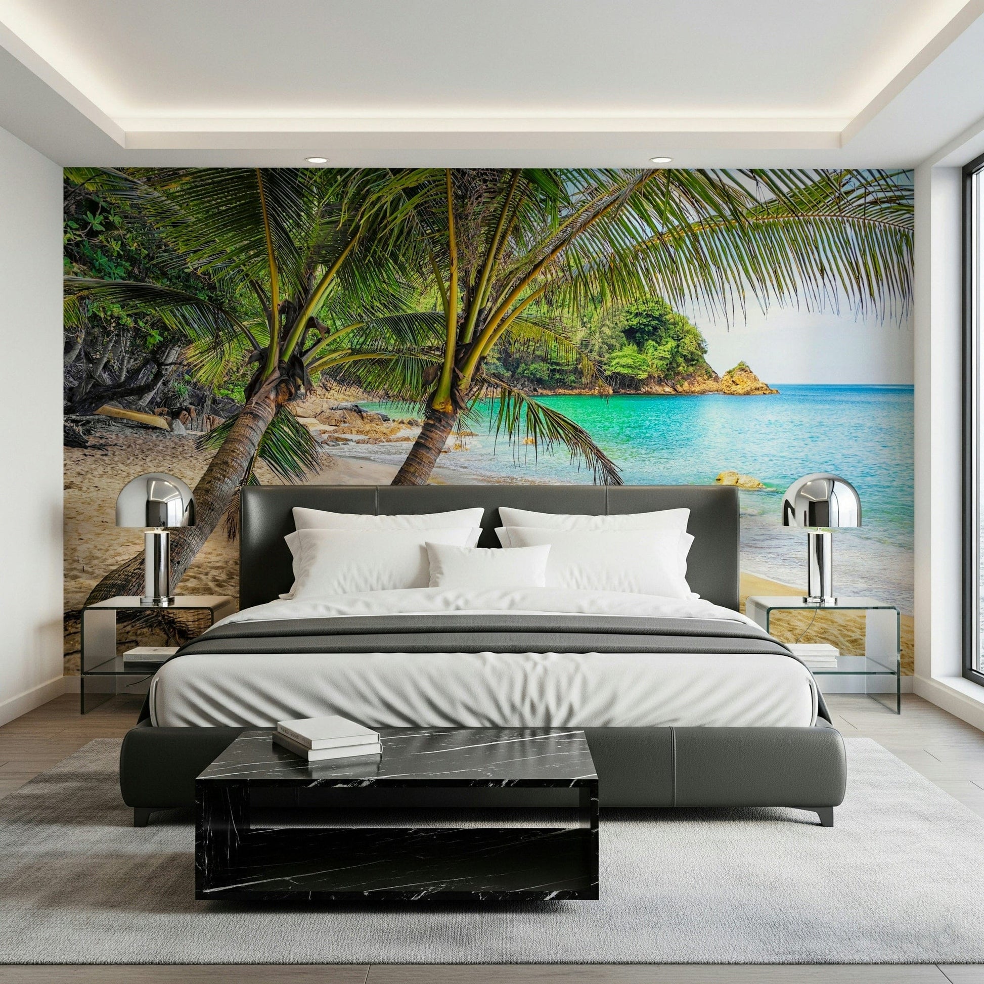 A calm bedroom scene made brighter by Tropical Beach Escape Wall Mural and sea views