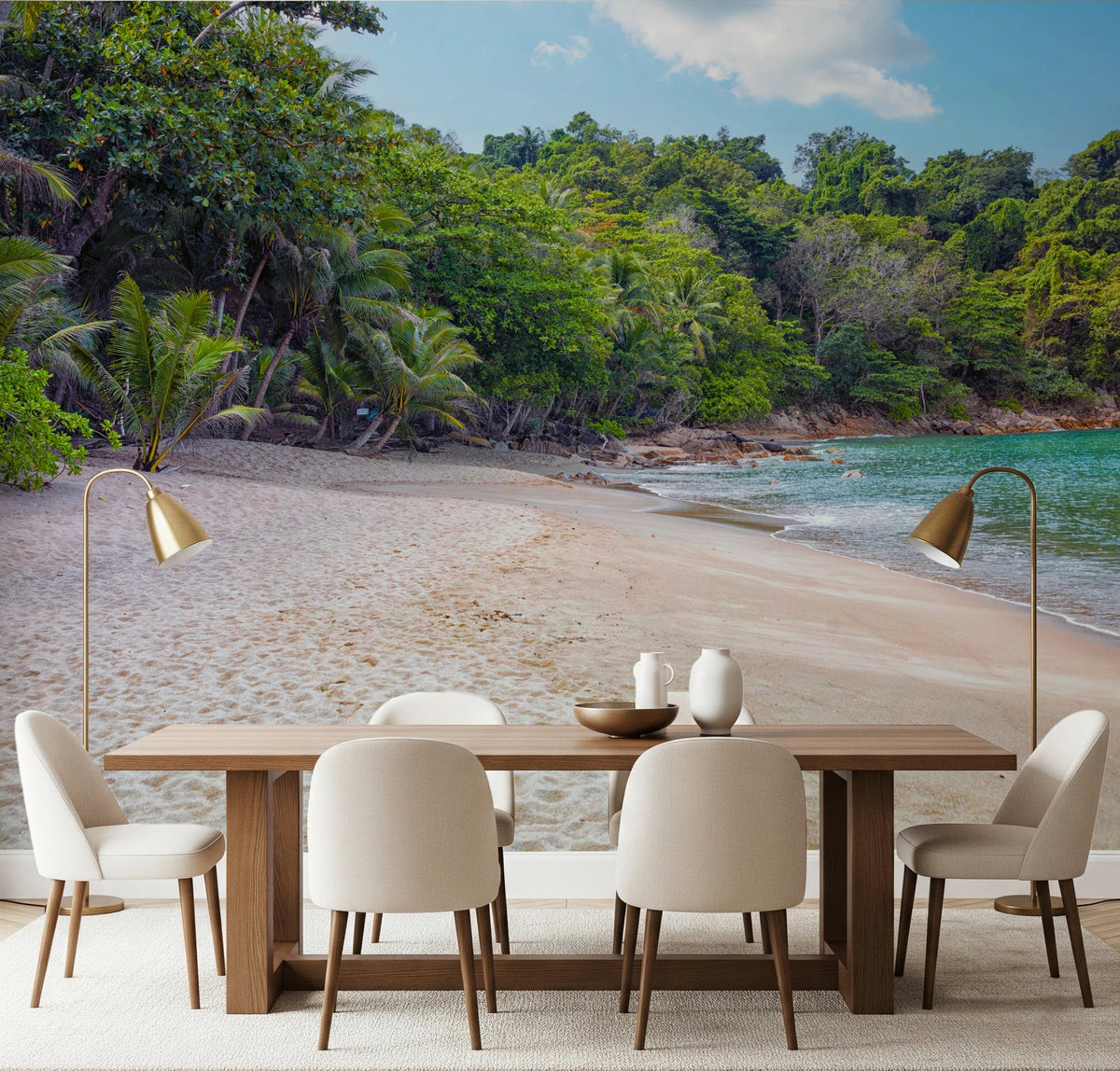 Dining table setup placed before Tropical Beach Haven Wall Mural with curved shoreline, GD8258