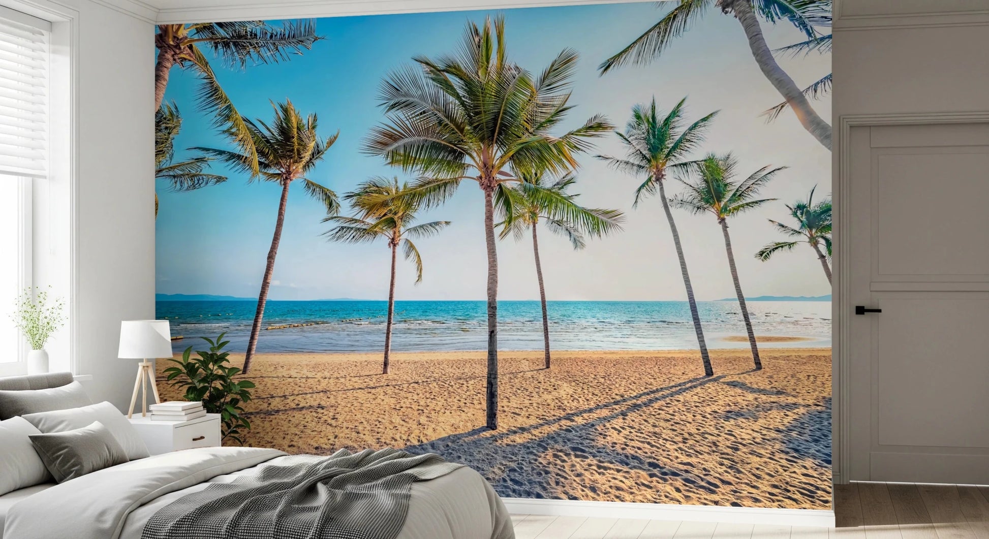 Peel and stick wall mural with turquoise waves.