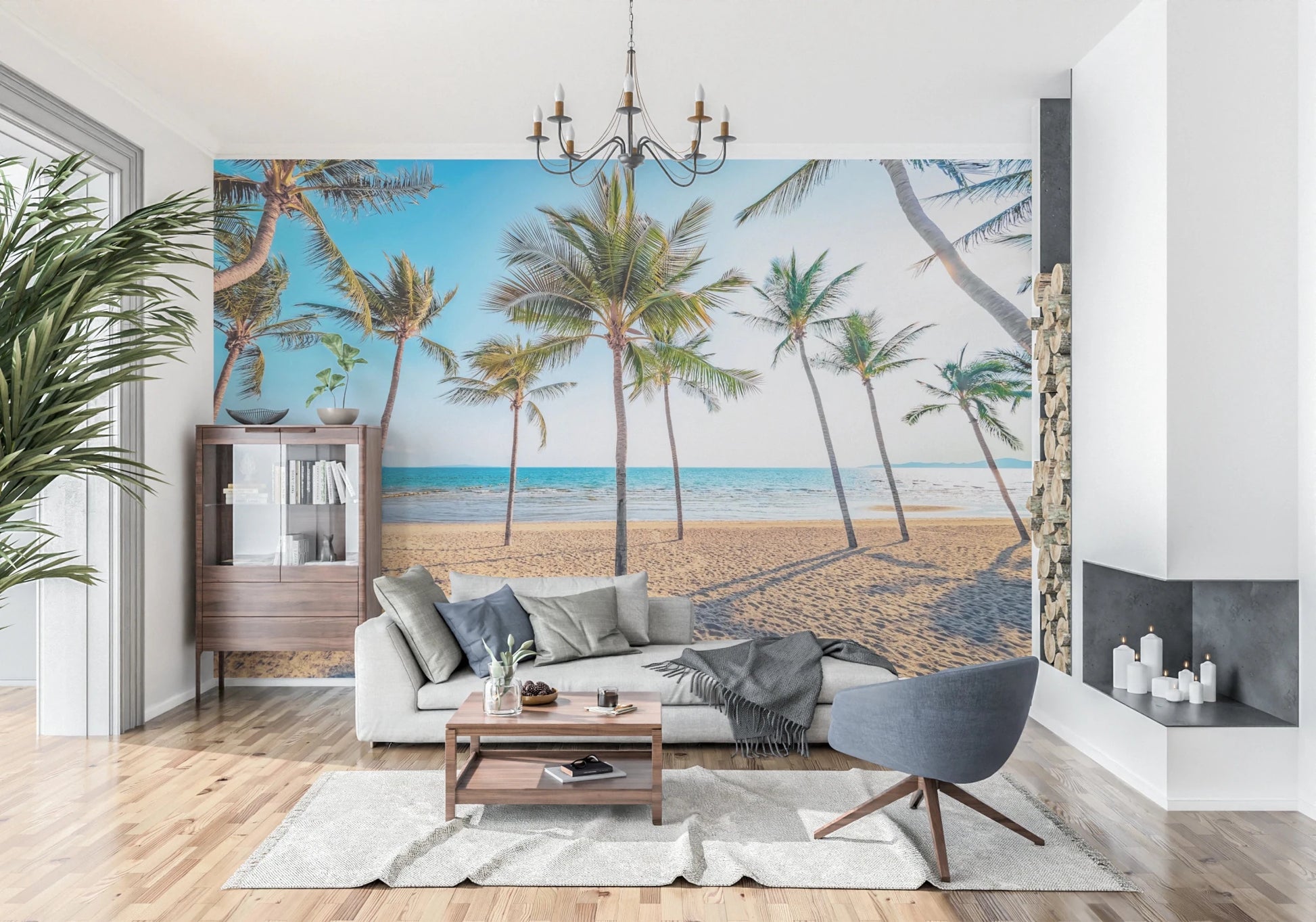 Shoreline beach wall mural for bright rooms.