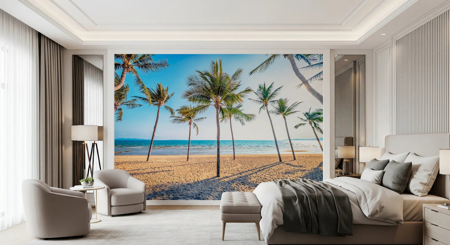 Tropical beach scene wall mural with palm trees.
