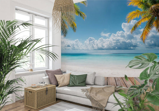 Sunny Tropical Beach View wall mural for a bright living room.