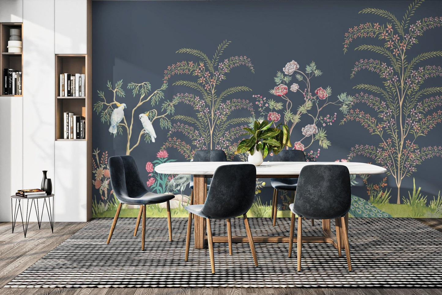 Exotic birds in botanical wallpaper
