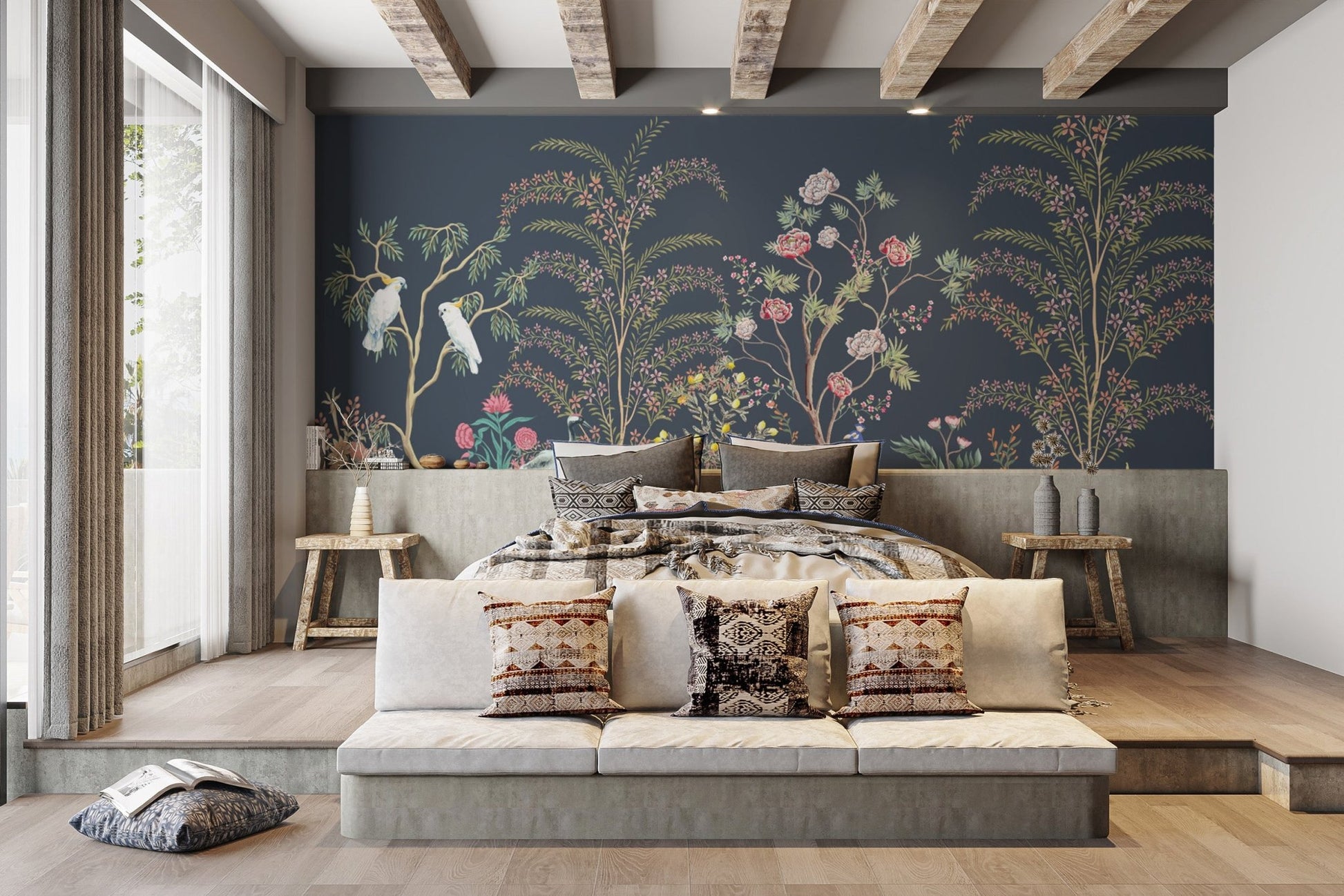 Parrots and peacocks on floral wallpaper
